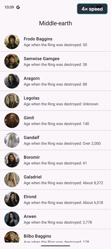 An Android emulator navigating from the character list to each detail screen and back.